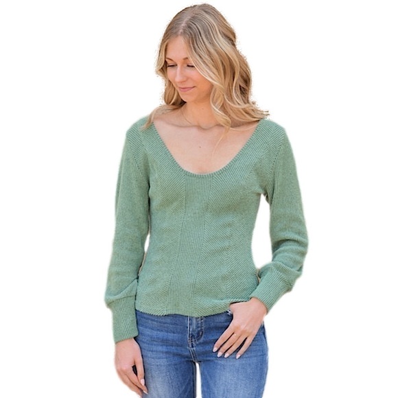 Long Sleeve U-Shaped Neck Green Textured Pattern Shirt Women’s Top Size M - Picture 1 of 10